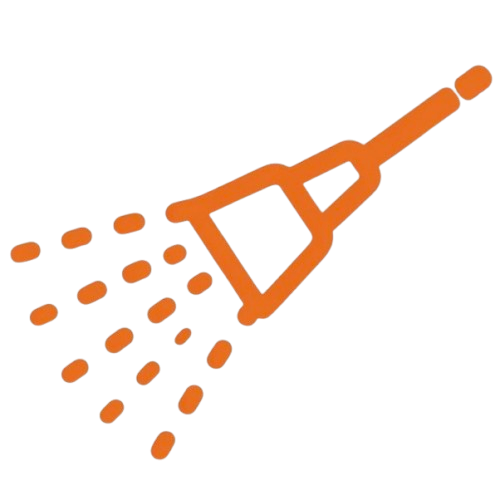Orange spray nozzle releasing spray droplets.