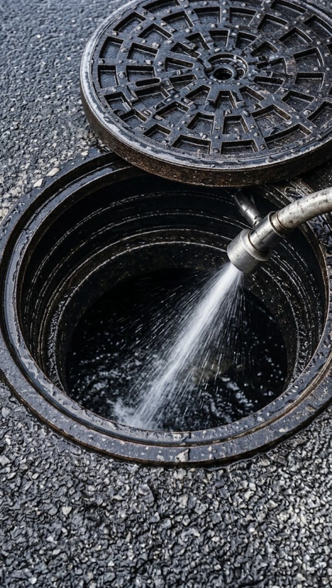A manhole cover with water flowing into the underground sewer system, surrounded by gravel and concrete.