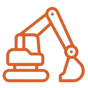 A construction excavator with an orange arm and yellow tracks.