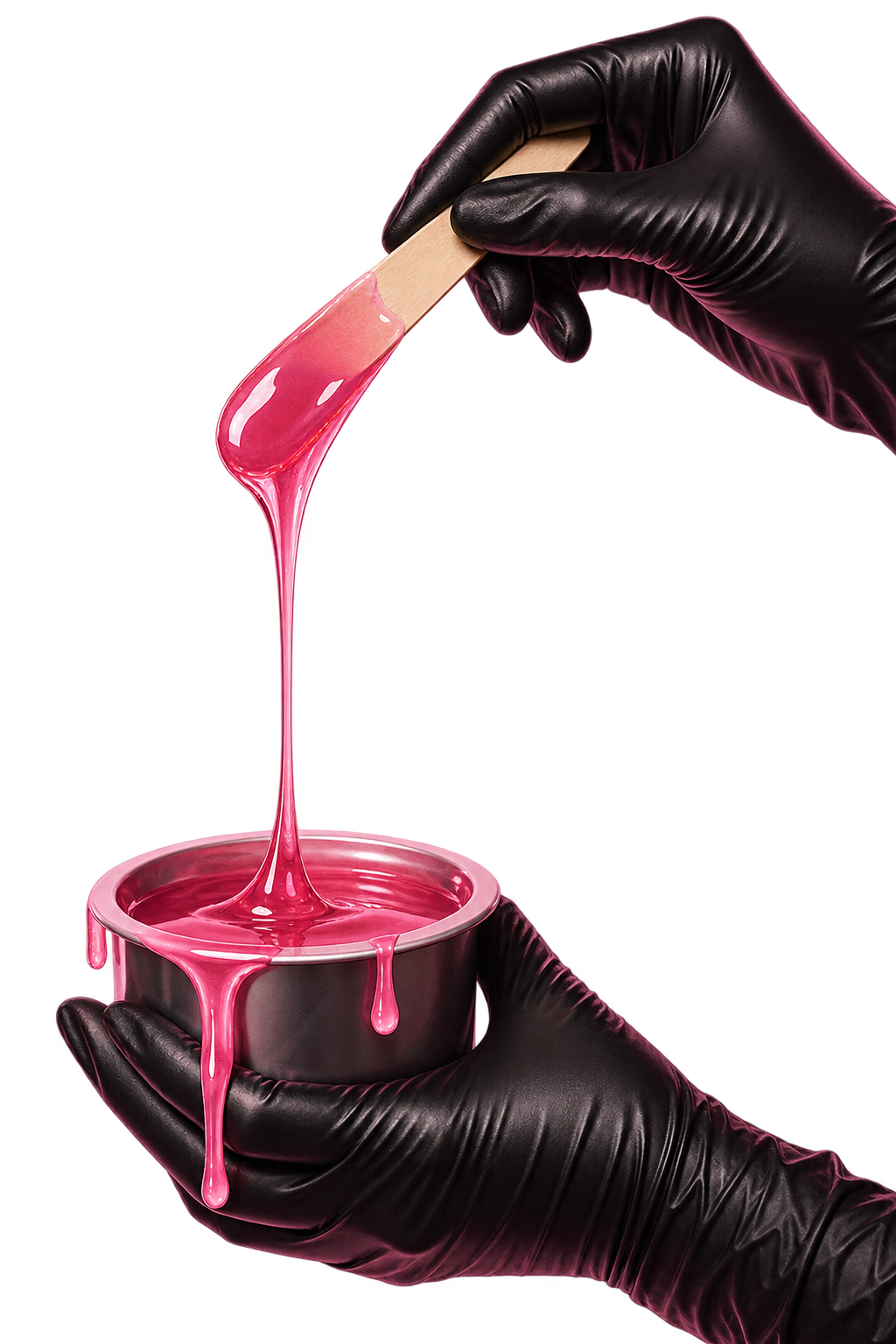 Hands wearing black gloves holding a wooden spatula with pink paint, pouring it into a round metal container.