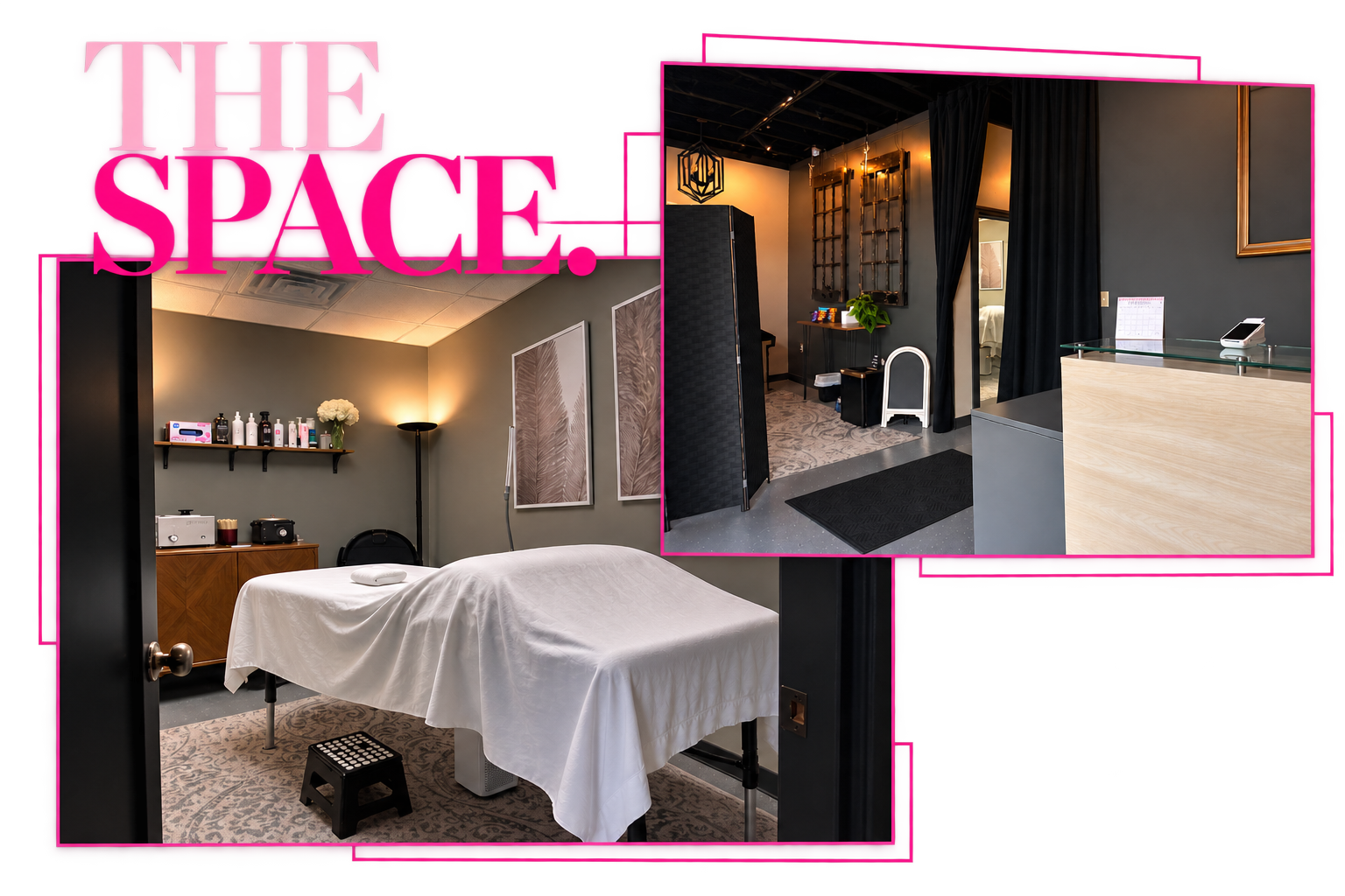 Spa treatment room with massage table covered in white sheet, framed art on walls, and shelves with skincare products, alongside the reception area with black curtains and reception desk.