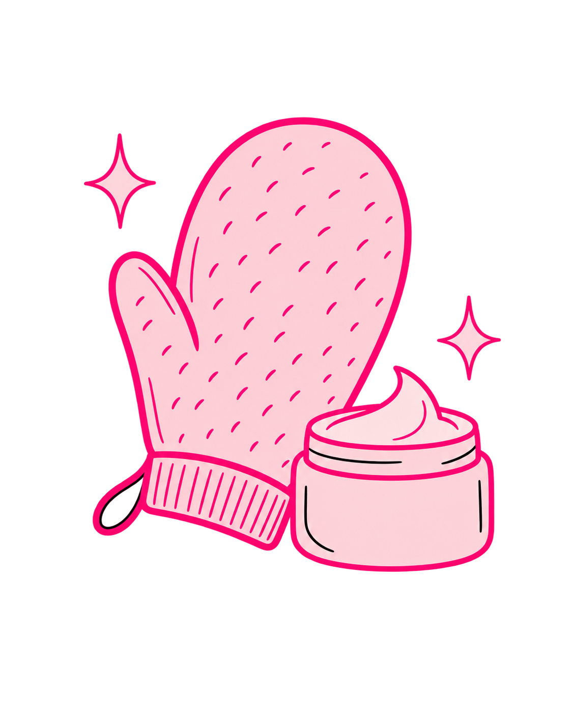 Pink oven mitts and a jar of lotion or cream with sparkles around, symbolizing skincare or beauty care.