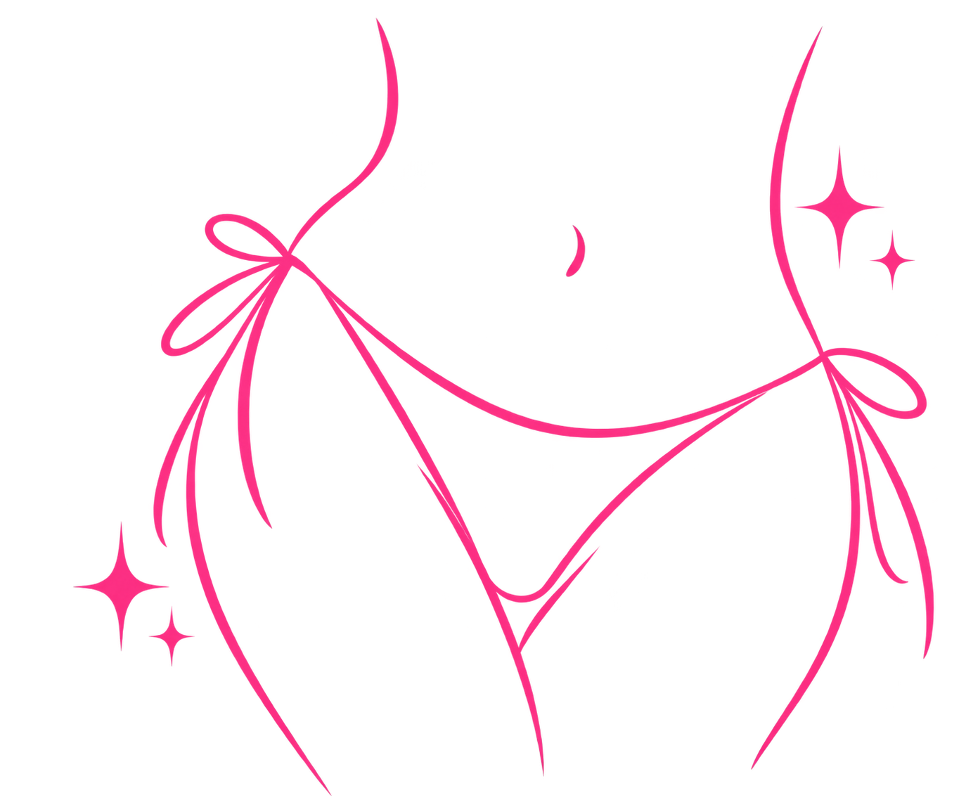 A stylized, pink line drawing of a woman's lower face, neck, and chest, with decorative sparkles and swirls against a black background.