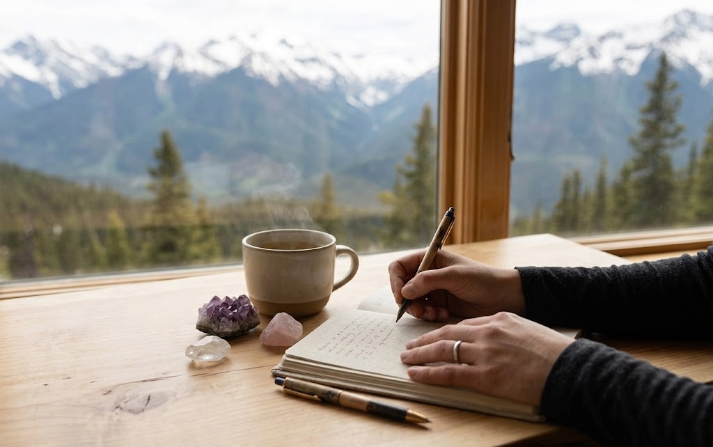Cozy windowsill setup with a mug, crystals, and a journal in front of a scenic mountain landscape