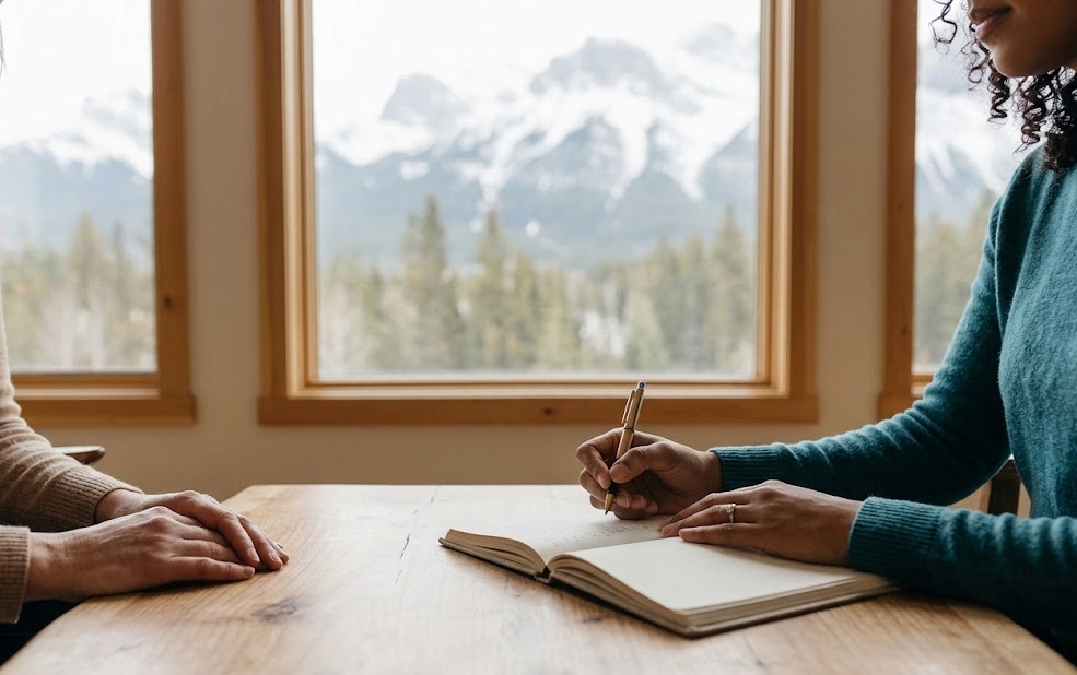 Hands writing in a journal on a wooden table beside an open window overlooking mountains