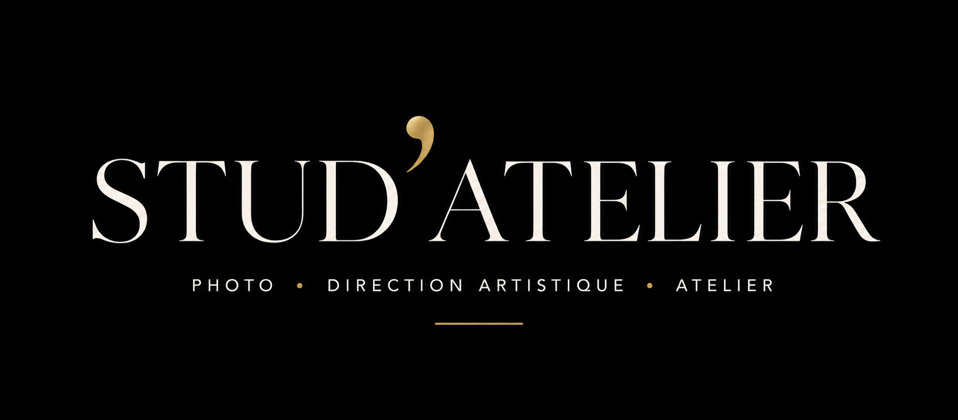 Logo principal de Stud'Atelier avec descriptif large des services : Photographies, direction artistiques et ateliers.