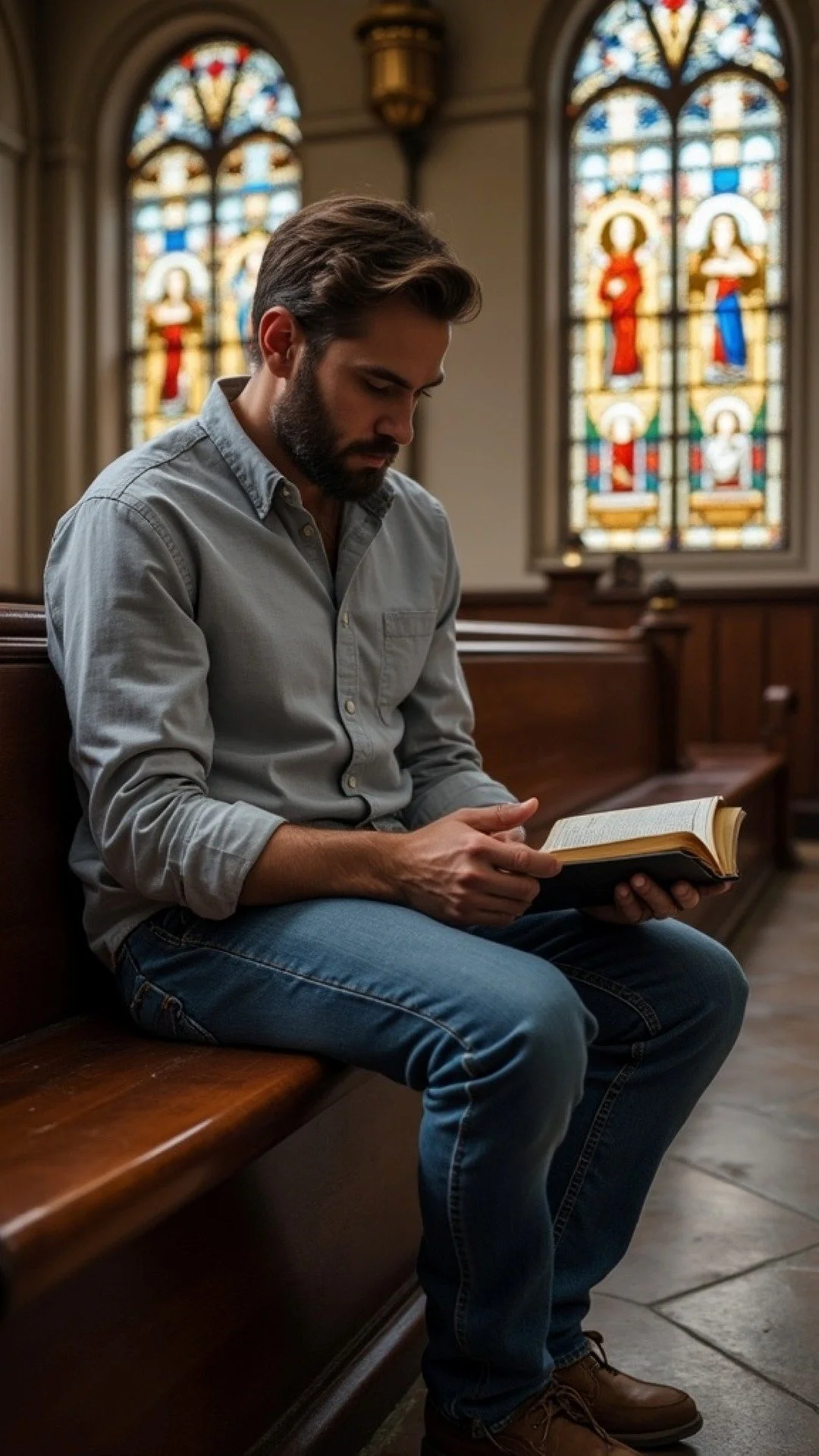 A man with brown hair and a beard, dressed in a gray shirt and jeans, sitting on a wooden pew inside a church reading a book, with stained glass windows depicting religious figures in the background.