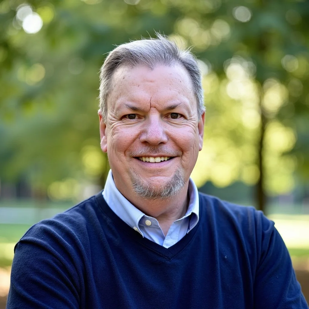 A photo of Woody Cumbie, Trinity Palms Ministries founder.  He has gray hair and a goatee, wearing a navy sweater and a collared shirt, standing outdoors in a park with green trees.