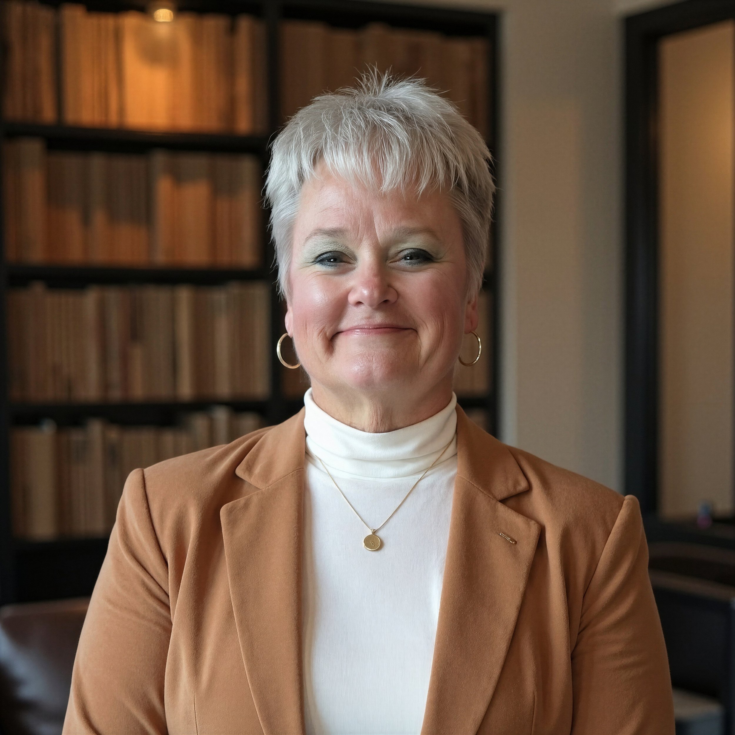Close-up of Dr Barbara Haehner, prayer minister with Trinity Palms, with short blonde hair, wearing hoop earrings, a white turtleneck, and a light brown blazer in front of a wooden bookshelf.