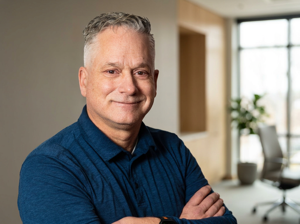 Roger Forget, a prayer minister with Trinity Palms Ministries. In the photo he is a middle-aged man with short gray hair, wearing a dark blue shirt, smiling with arms crossed in a modern, well-lit office setting.