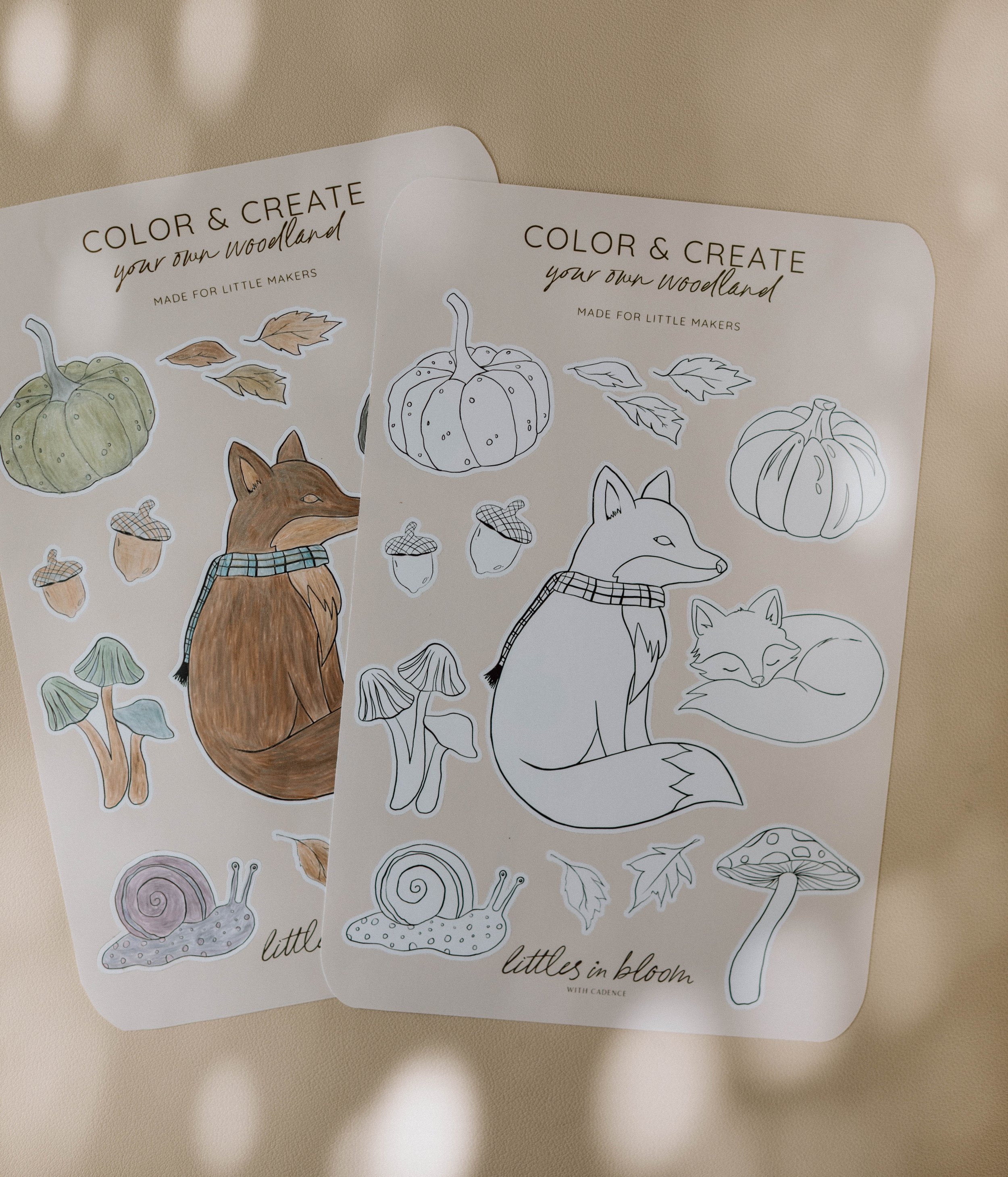 Woodland Color + Create sticker sheet shown colored and uncolored for a screen-free kids activity