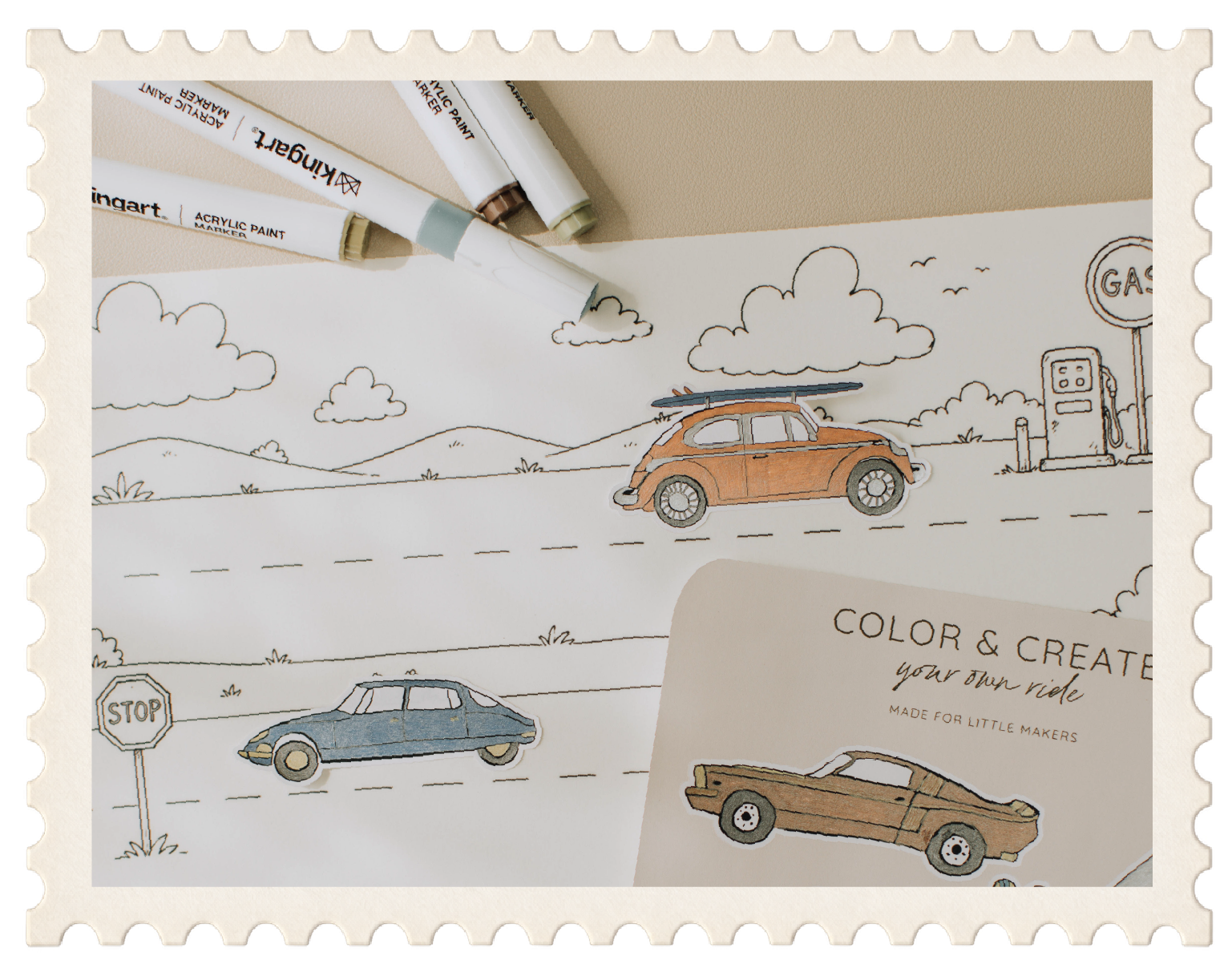 Finished Color + Create cars scene with colored car stickers on a hand-drawn road.
