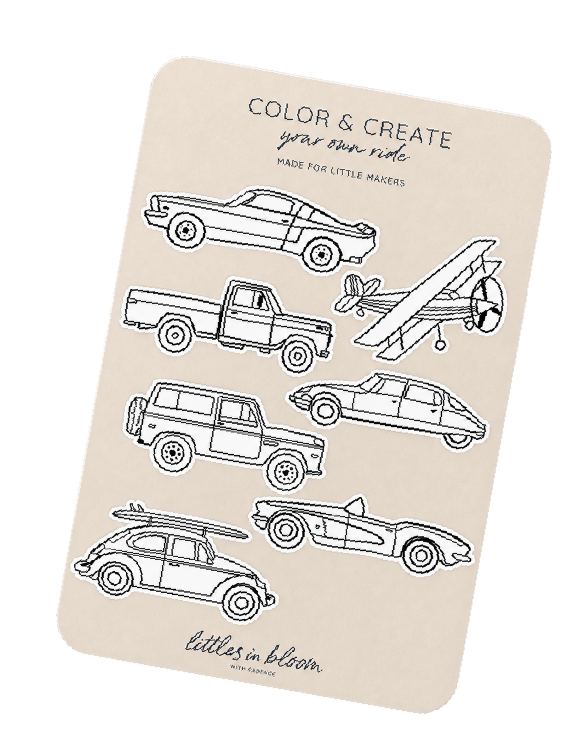 Child coloring the Cars Color + Create sticker sheet.