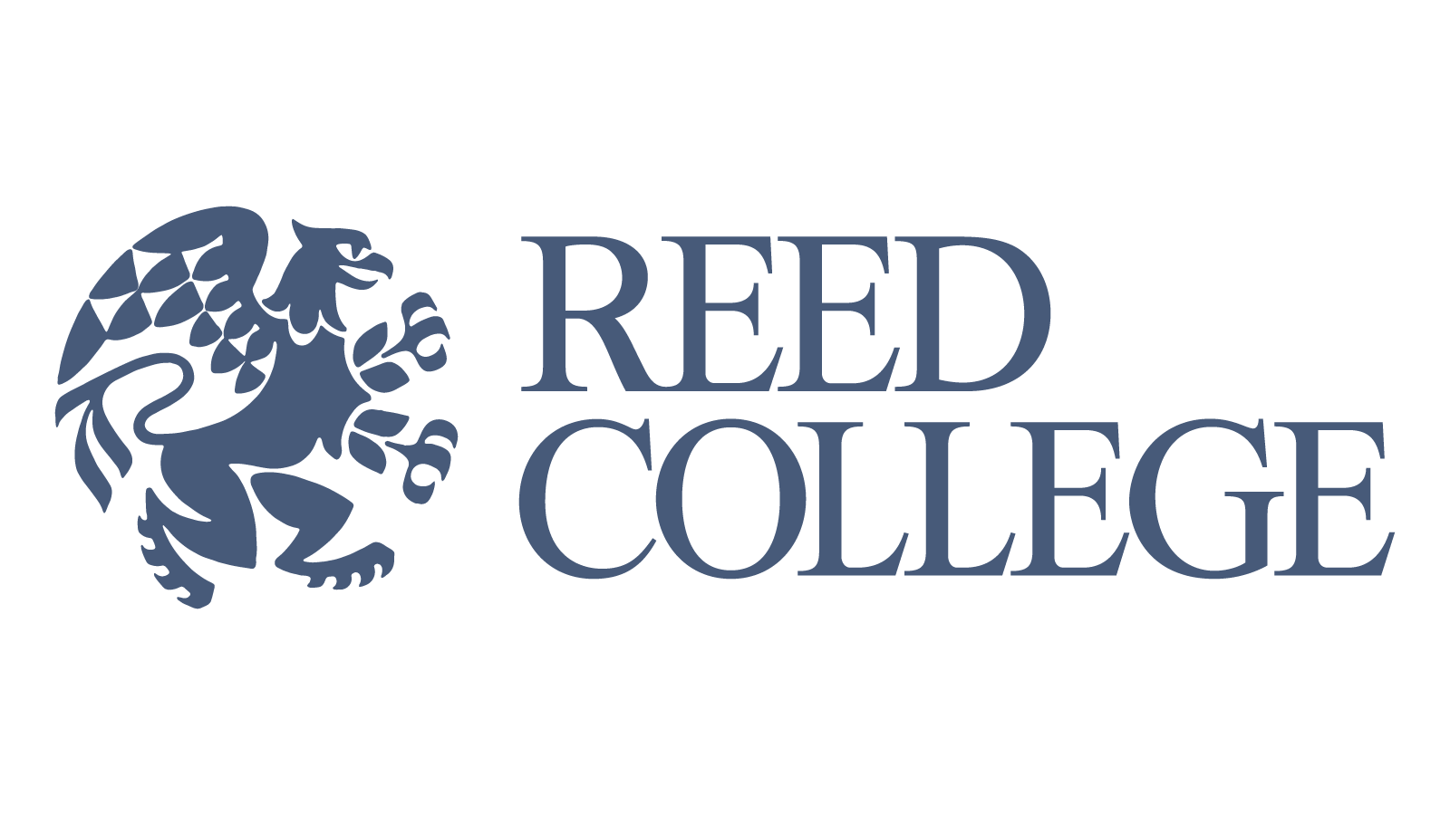 Reed College logo featuring a blue lion and the college's name in blue text.