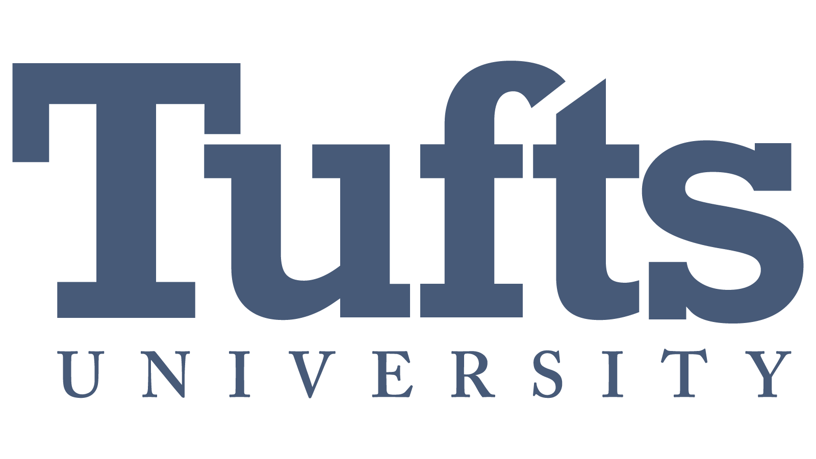 The logo of Tufts University featuring the word "Tufts" in large blue letters with the word "University" in smaller blue letters underneath.