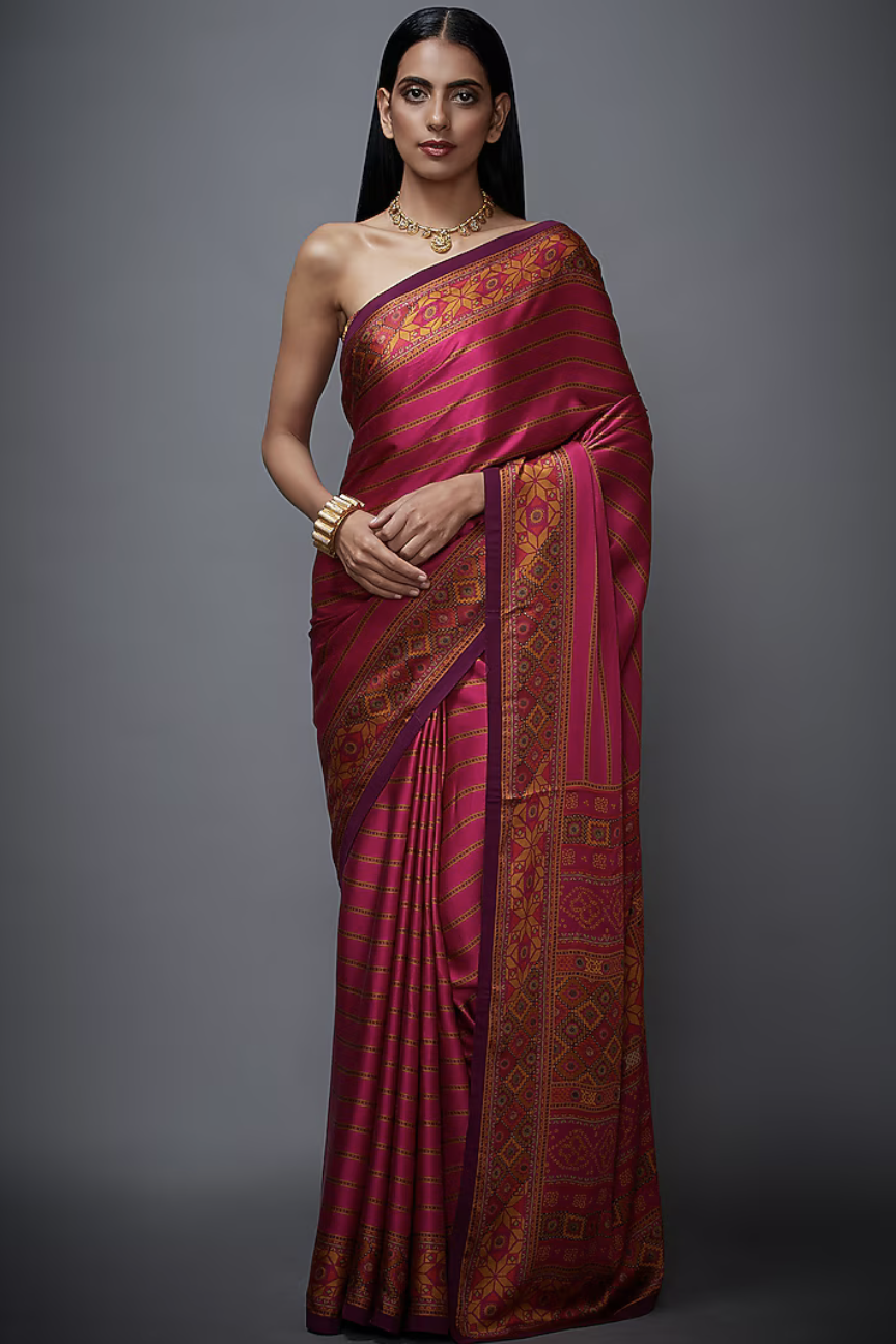 Woman in a traditional Indian pink and gold saree with jewelry, standing against a gray background.