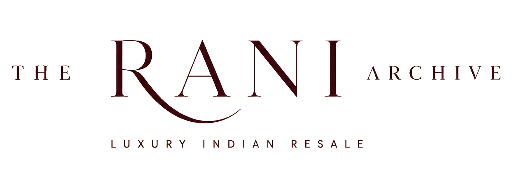 Logo for The RANI Archive, luxury Indian resale, written in elegant dark maroon font.