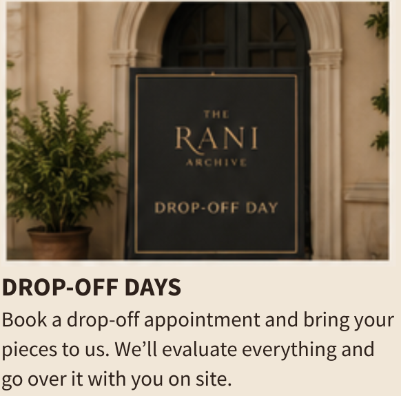 Sign reading 'The Rani Archive Drop-Off Day' outside a building with decorative architecture and potted plants.
