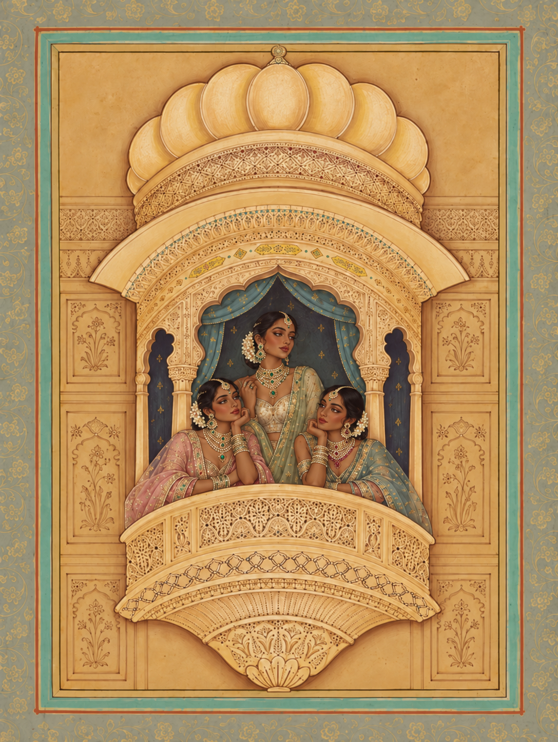 Painting of three Indian women in traditional attire with jewelry, sitting on a balcony with intricate carvings and drapery, set against a decorative background.