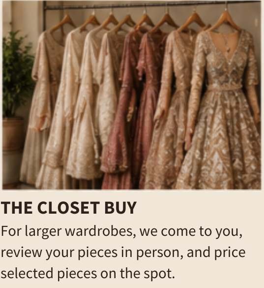 Six vintage-style dresses hanging on a clothing rack in a boutique, with a text overlay promoting same-day on-the-spot pricing for large wardrobes.