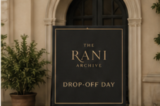 Sign for The Rani Archive Drop-Off Day in front of a building with potted plants.
