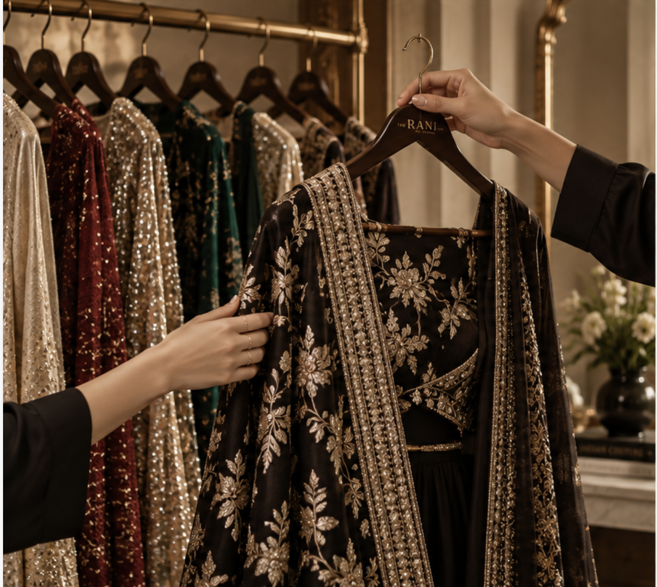 A person is shopping for elegant embroidered sarees at a boutique. They are holding a black saree with gold floral embroidery and beaded embellishments, examining it closely. Behind them, other colorful sarees with similar embellishments hang on a rack.