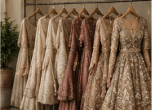 A row of elegant, ornate dresses hanging on wooden hangers, displayed for a boutique or fashion event.