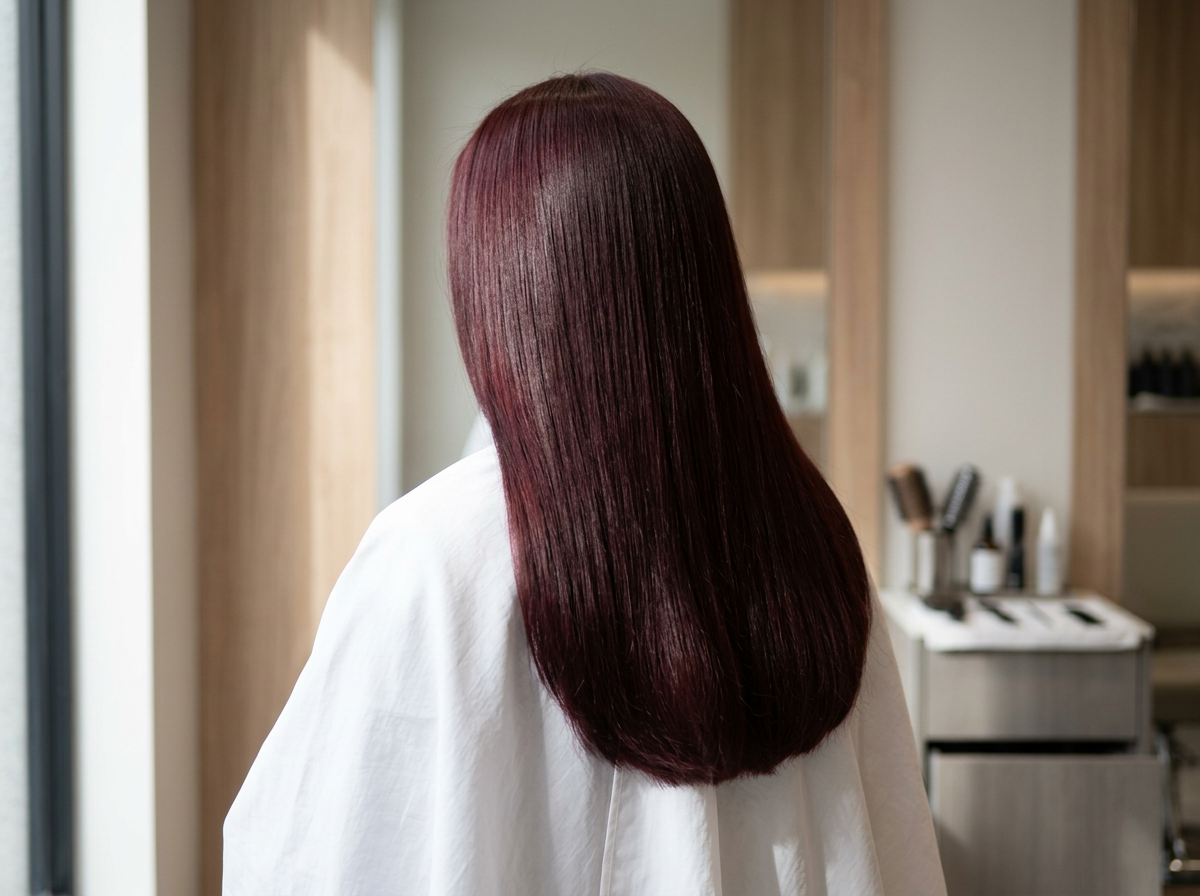 Back view of a woman with long, straight, shiny burgundy hair in a salon.