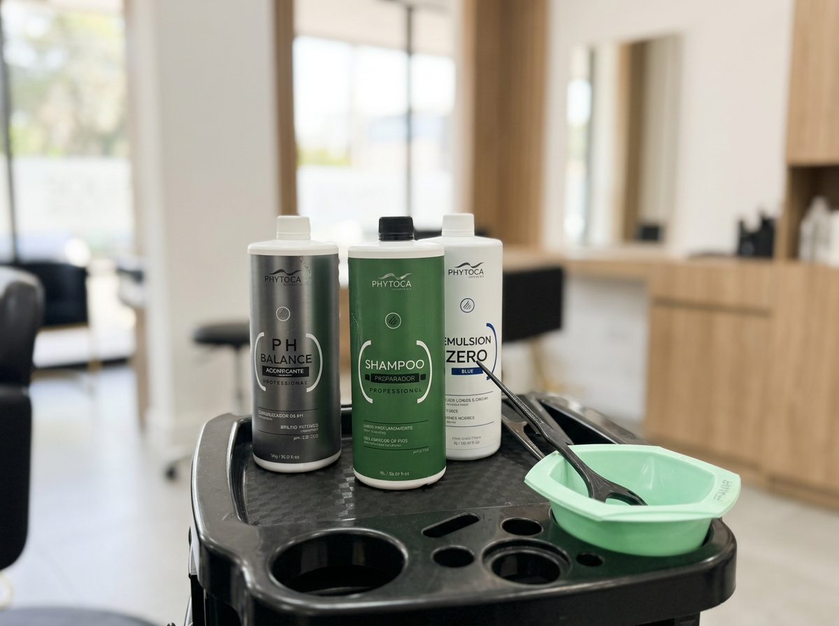 Hair care products on a black salon cart, including shampoo, pH balance solution, and color remover with a green bowl and black comb. Background shows a salon interior with large windows and wooden furnishings.