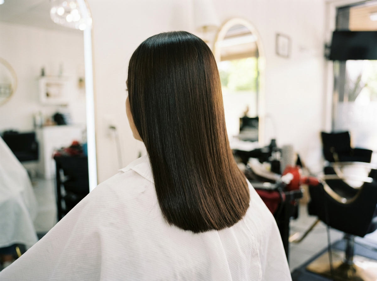 Person with straight, shiny, dark brown hair sitting in a salon chair, facing away, in a modern salon with mirrors and styling tools visible.