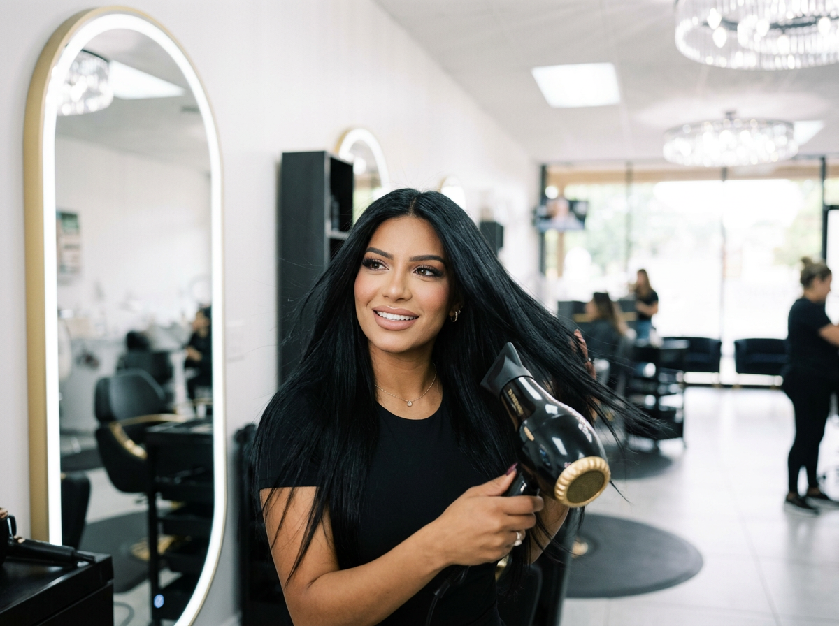 Woman with long black hair smiling while drying her hair with a black and gold hairdryer in a modern salon.