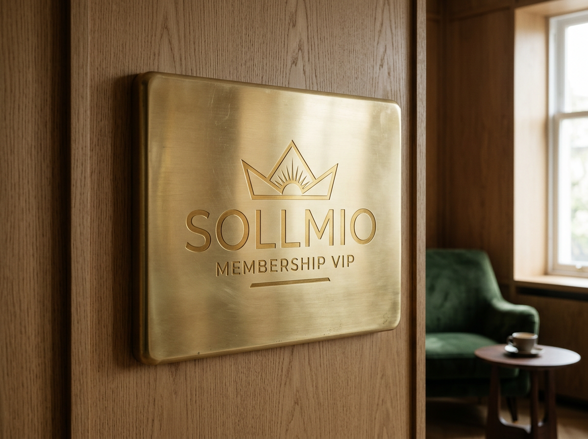 Gold sign with the text 'SOLLmIO MEMBERSHIP VIP' and a crown icon, mounted on a wooden wall in a cozy room with a green armchair, a small round table, a window with daylight.