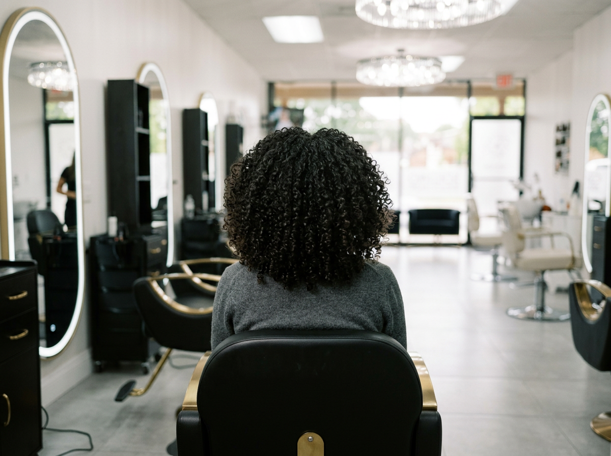 A woman with curly hair sitting in a salon chair inside a hair salon, facing away from the camera, with mirrors, chairs, and salon equipment visible.