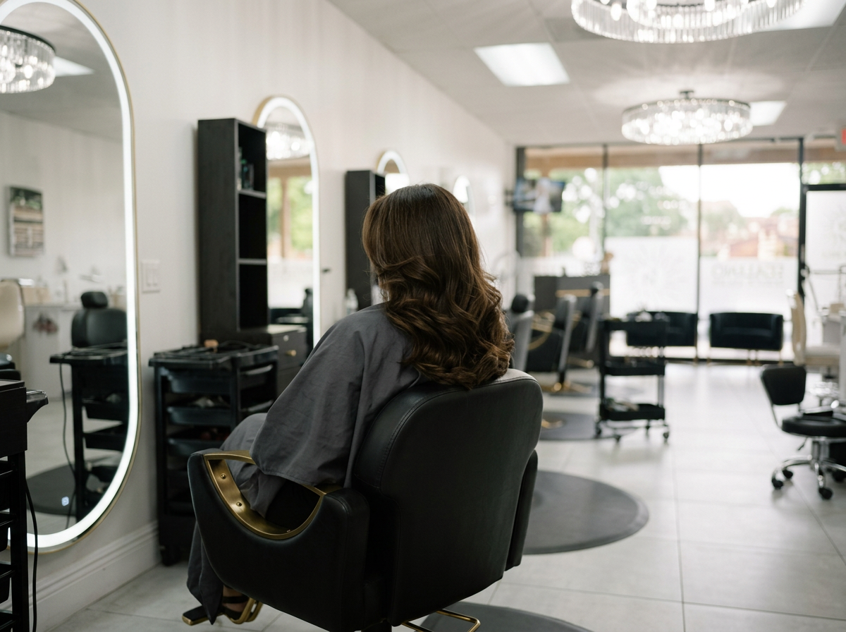 A woman with long, wavy brown hair sitting in a black salon chair at a hair salon, facing away from the mirror. The salon has large mirrors, black shelves, and a modern chandelier, with natural light coming through large windows in the background.