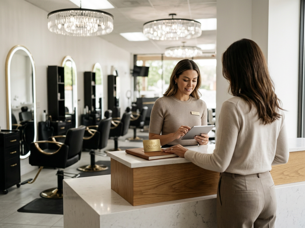 A hairstylist standing at a reception desk talking to a client in a modern hair salon with black chairs, mirrors, and chandeliers.