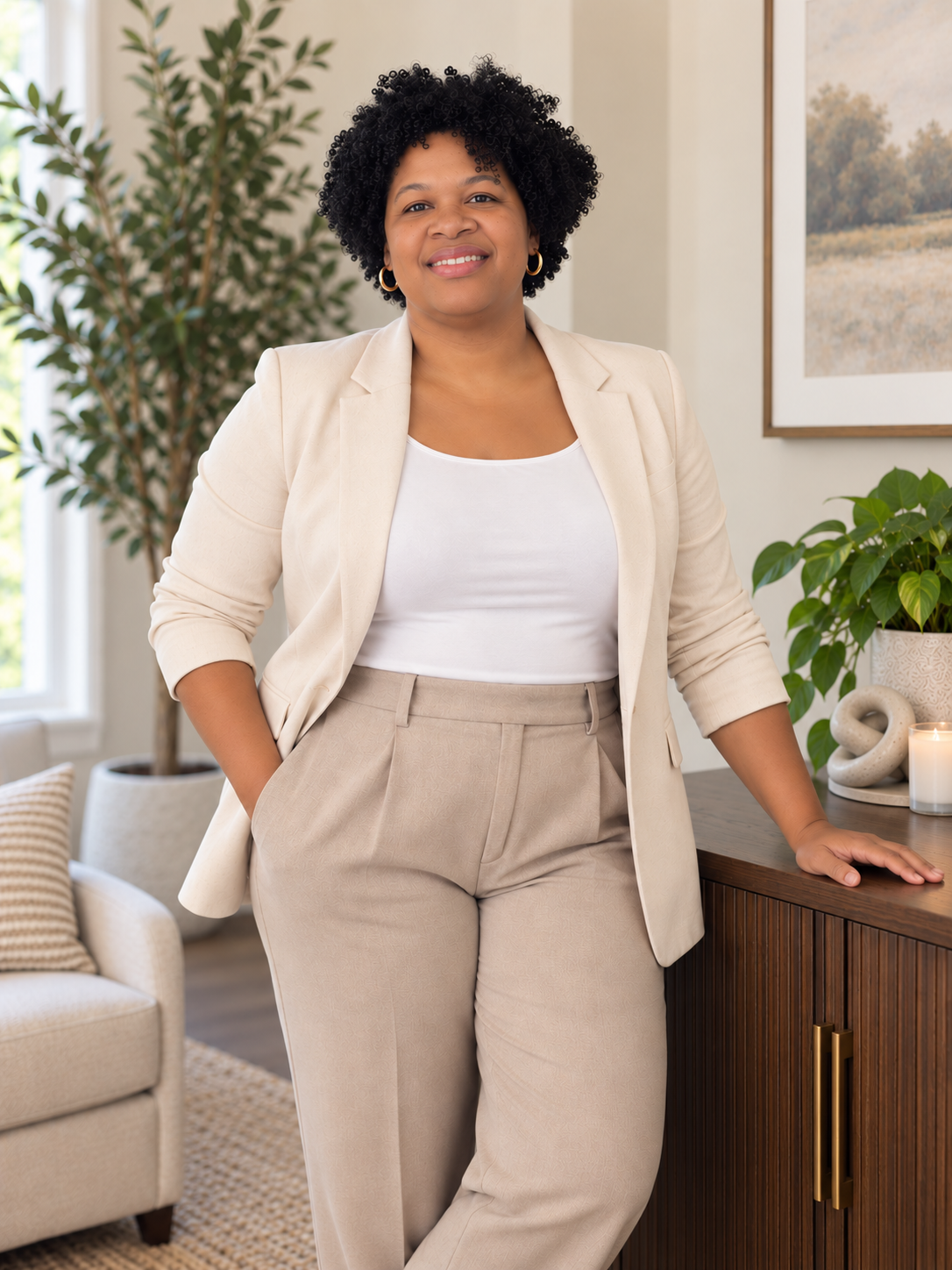 A woman in a beige suit standing in a living room with green plants and a framed picture on the wall.