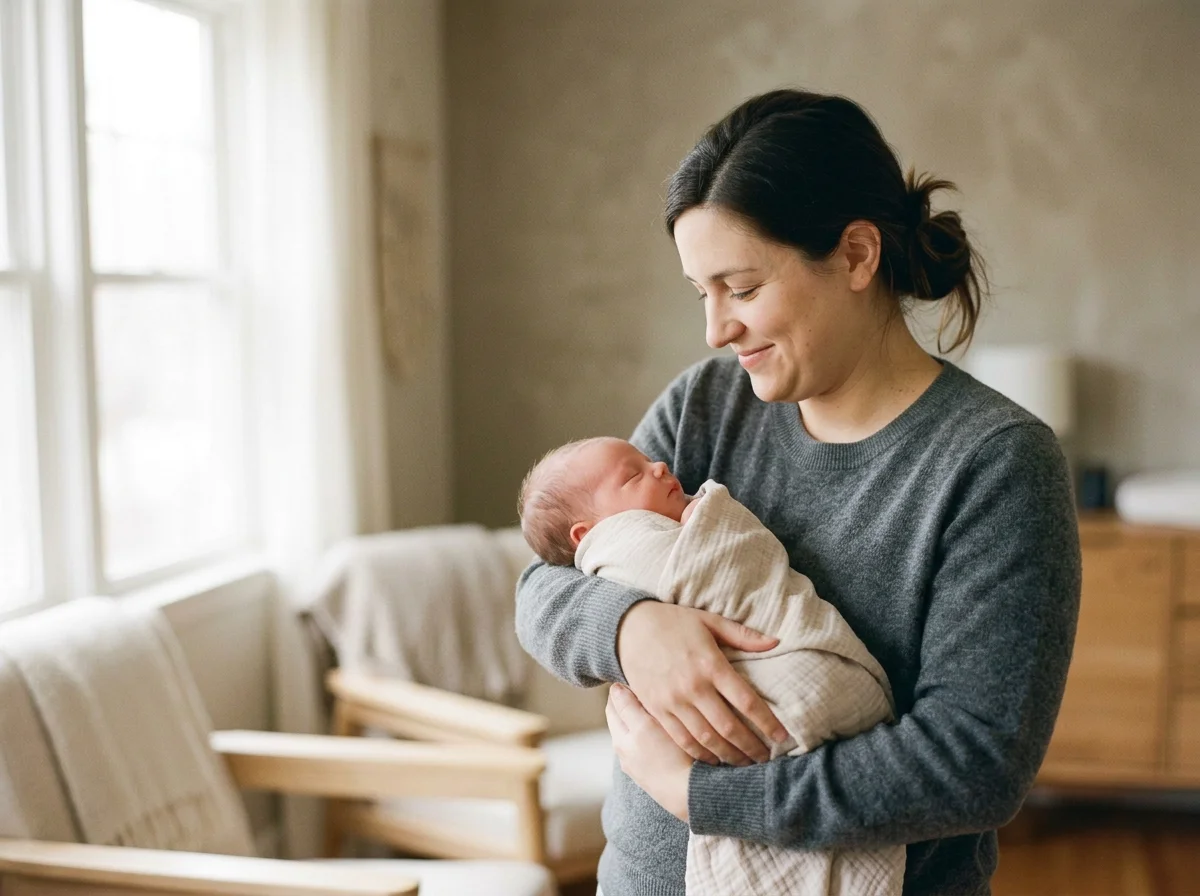 A woman holding a newborn baby indoors near a window with light-colored curtains.