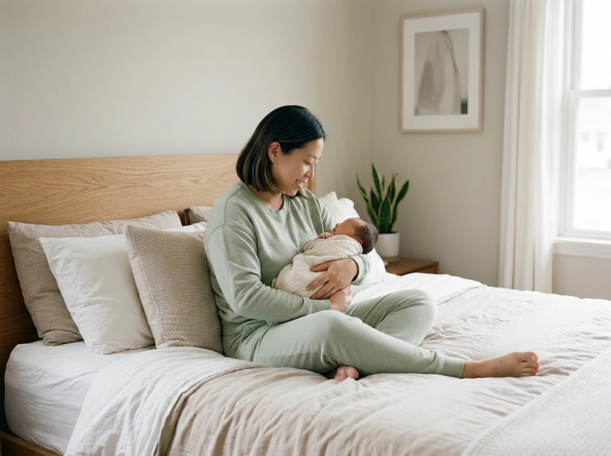 A woman sitting on a bed, smiling while holding a newborn baby in her arms at home.