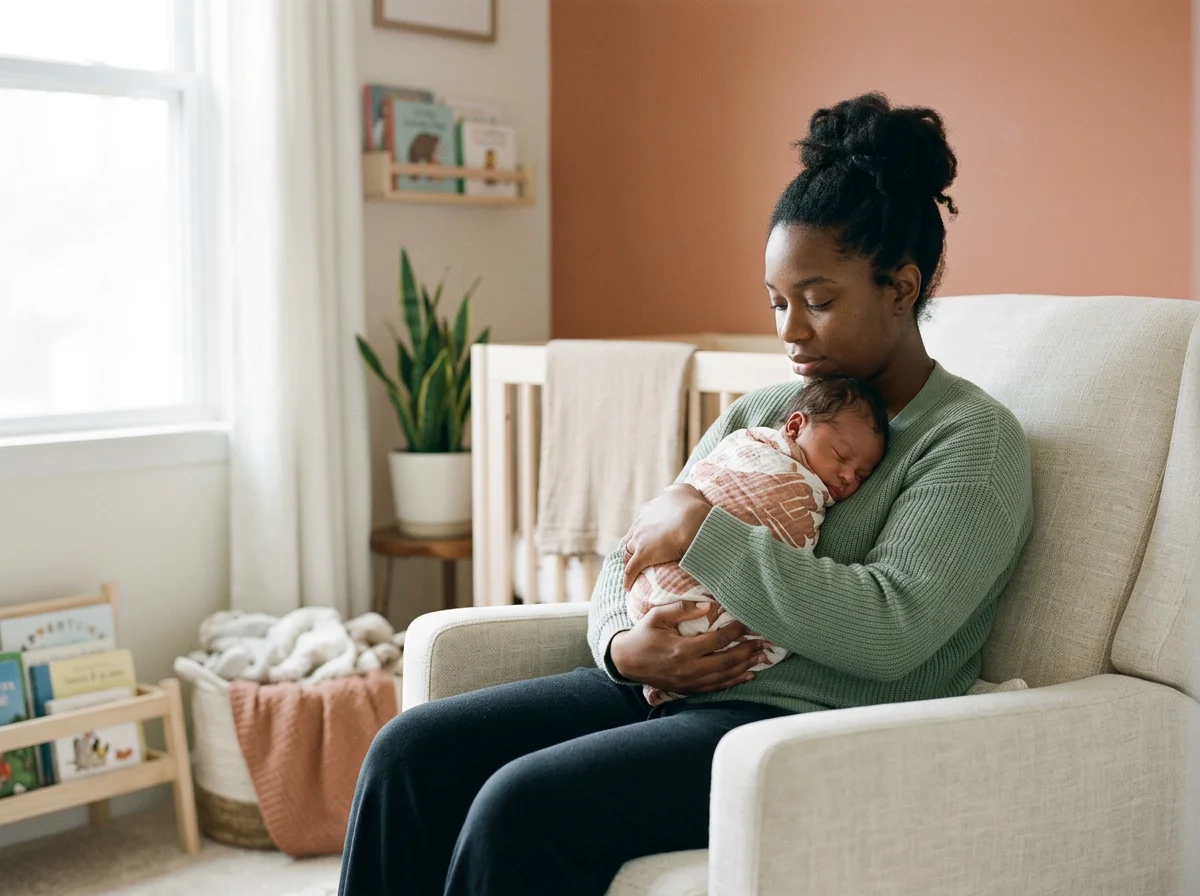 A woman sitting in a beige armchair, holding a sleeping baby wrapped in a blanket, in a cozy, well-lit room with books and plants.