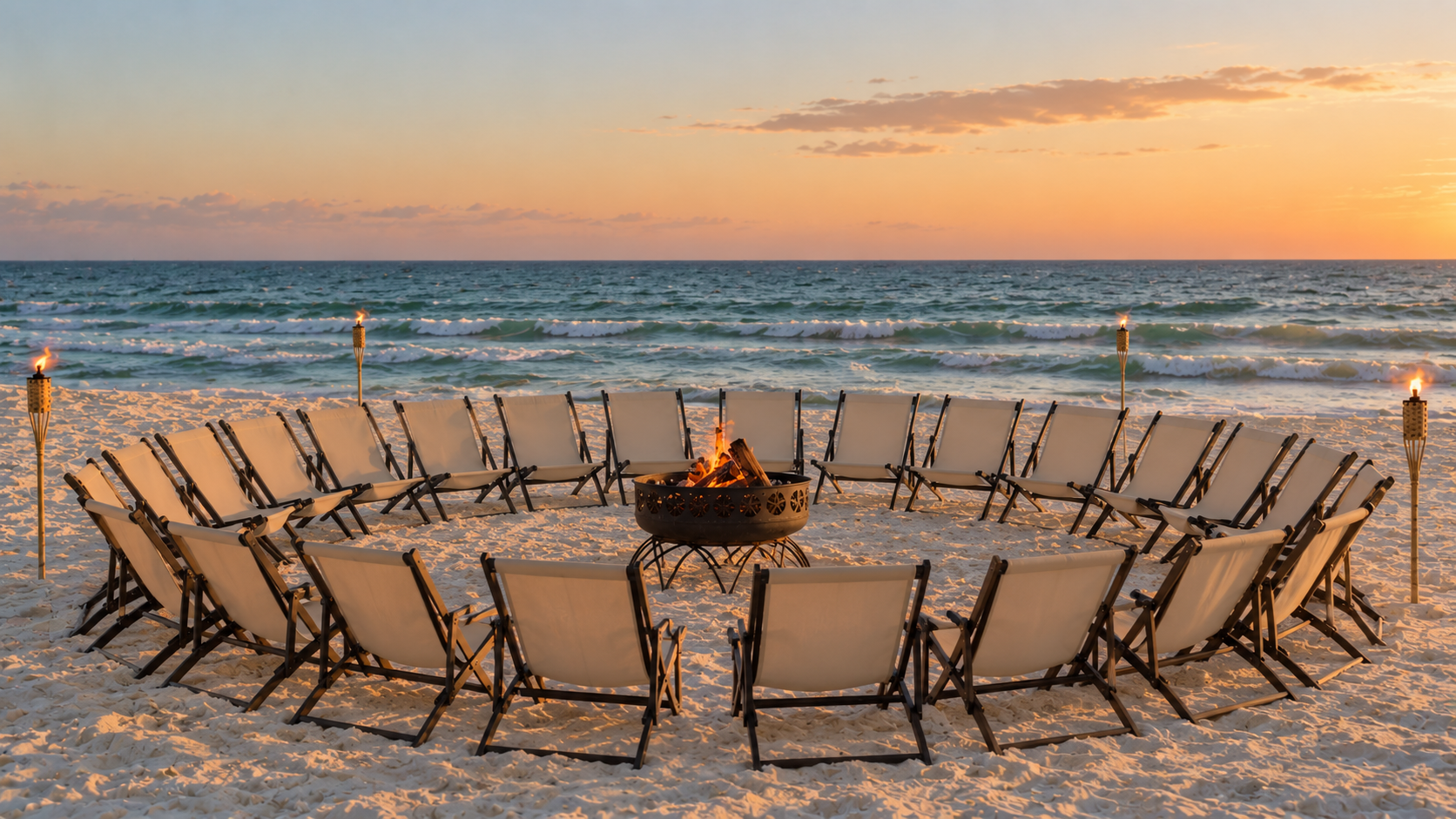 A circular arrangement of chairs surrounds a fire pit on a sandy beach during sunset, with the ocean and a sky with scattered clouds in the background.