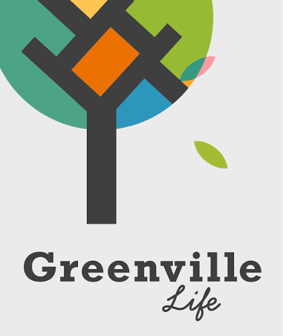 A colorful abstract tree with geometric shapes and the words 'Greenville Life' beneath it.