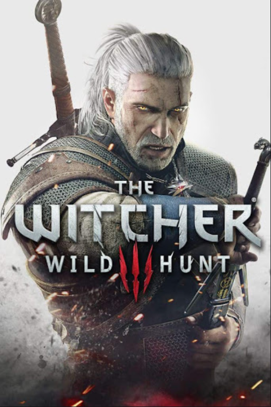 Cover art of the video game 'The Witcher 3: Wild Hunt' featuring a stern-looking man with white hair, scars on his face, holding a sword, with a background of sparks and a gray tone.