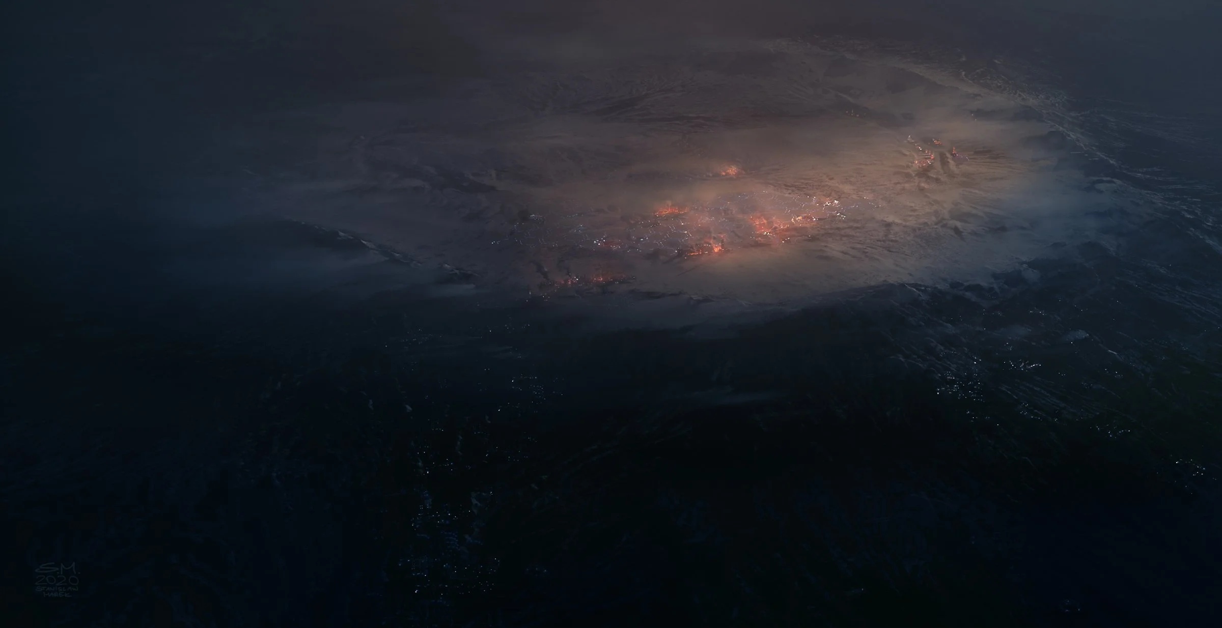 An aerial view of a coastal area with volcanic activity, ash clouds, and glowing lava on the terrain, indicating an eruption.