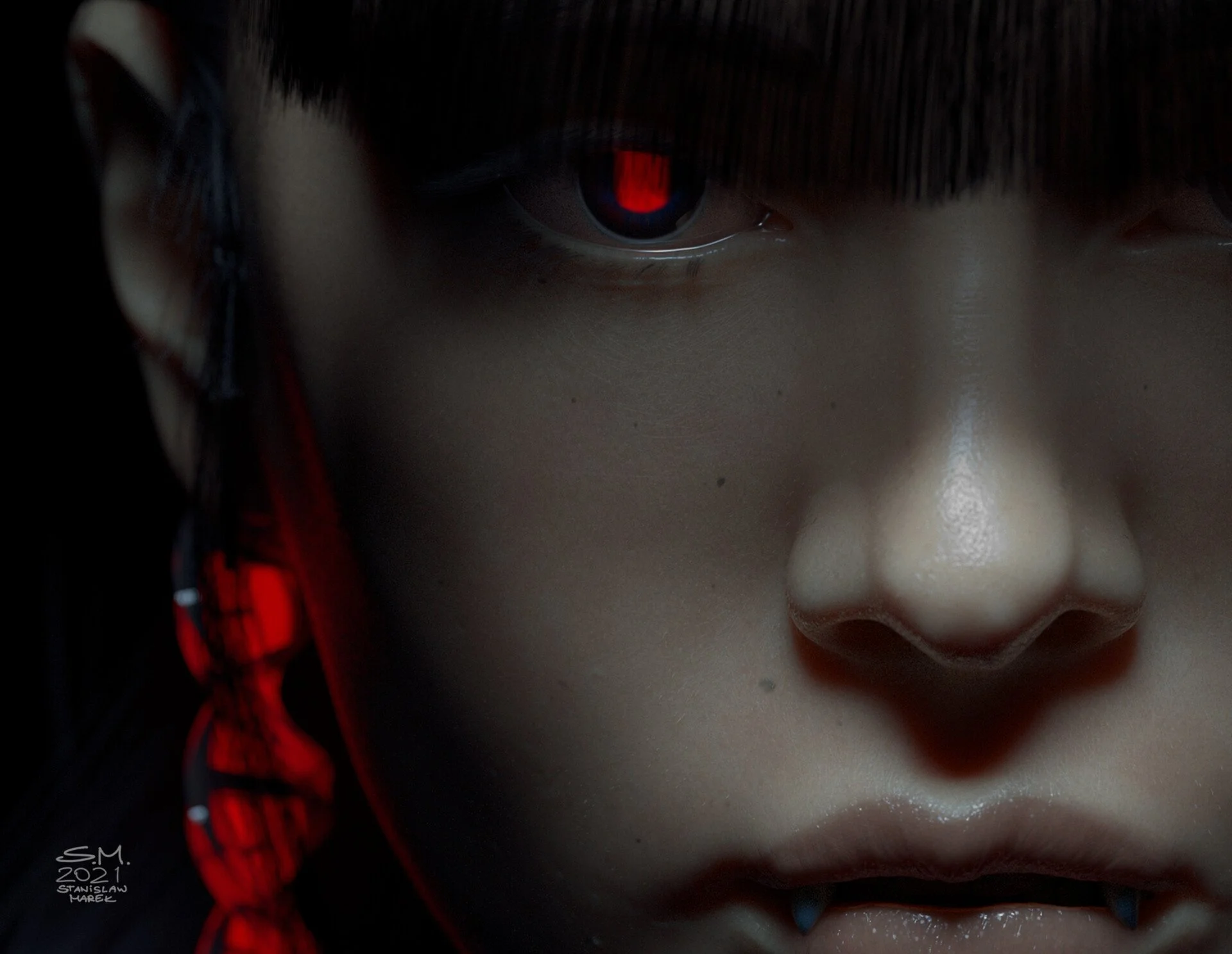 Close-up of a person's face with black hair, red eyes, pale skin, and red and black clothing, with a dark background.