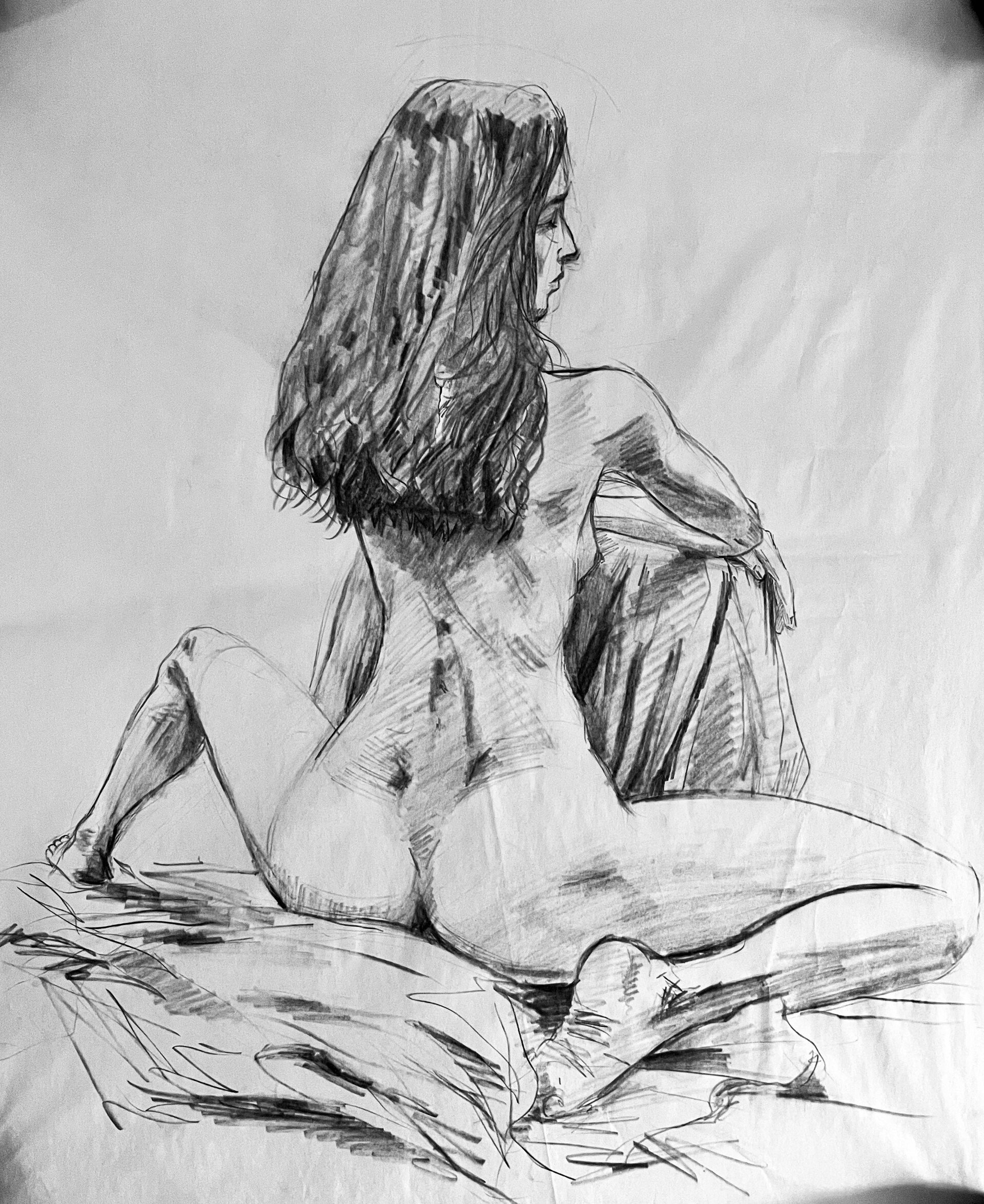 Black and white sketch of a woman sitting with her knees to her chest, looking to the right. She has long, flowing hair and a contemplative expression.
