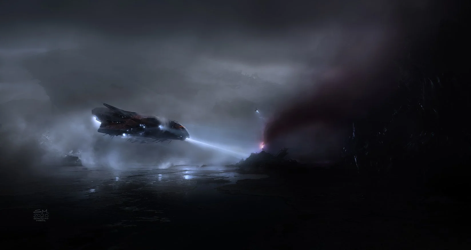 A futuristic spaceship flying through a dark, cloudy sky near a burning wreckage, with smoke and debris on the ground.