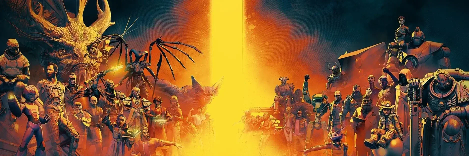 A digitally illustrated poster split by a bright yellow line showing characters from Overwatch on the left and characters from Overwatch 2 on the right, with vibrant colors and detailed artwork.