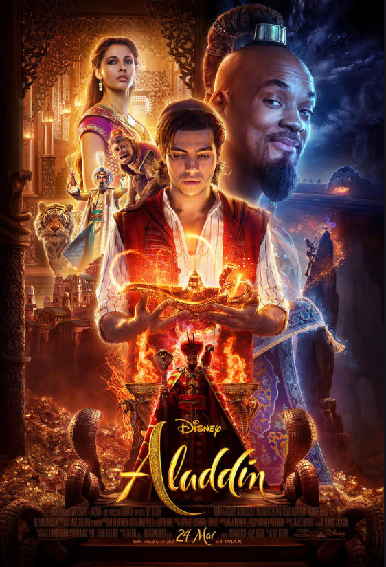 Posters for Disney's 'Aladdin' featuring characters in elaborate costumes set against a magical, fiery backdrop, with a palace in the background and various mythical creatures.