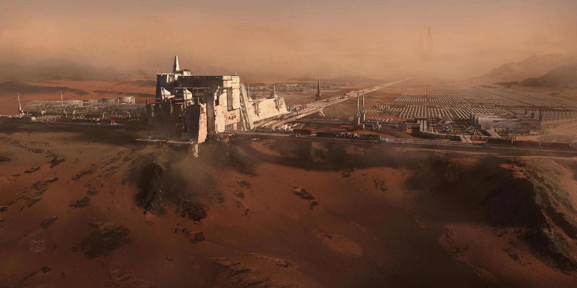 Futuristic Mars colony with large structures, greenhouses, and a long transportation tunnel running through the desert landscape under an orange sky.