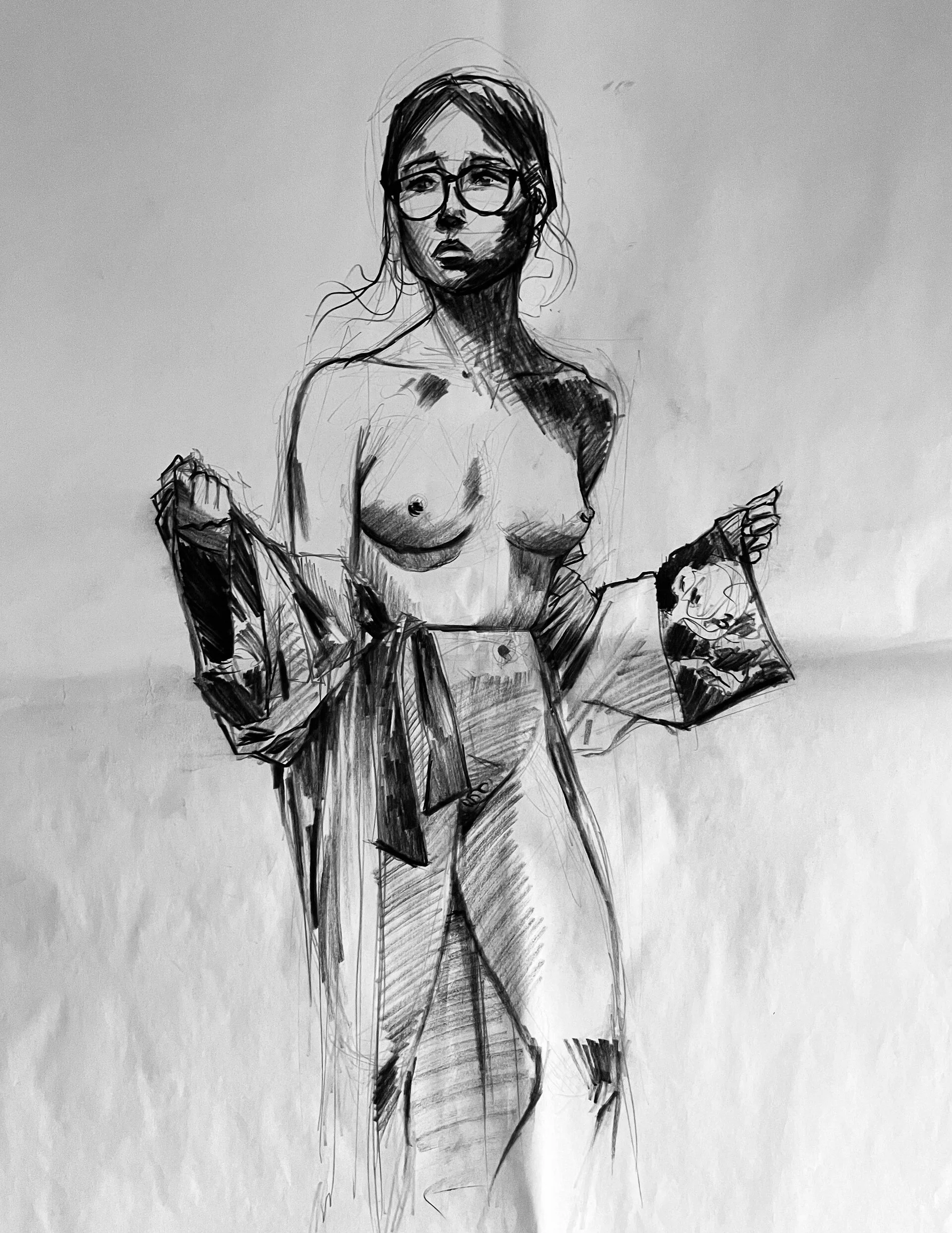 Black and white sketch of a topless woman with glasses, holding a piece of clothing in each hand, with an abstract background.